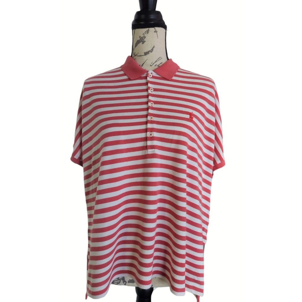 POLO RALPH LAUREN Women's Coral & White Striped Pique Polo Shirt Size Large